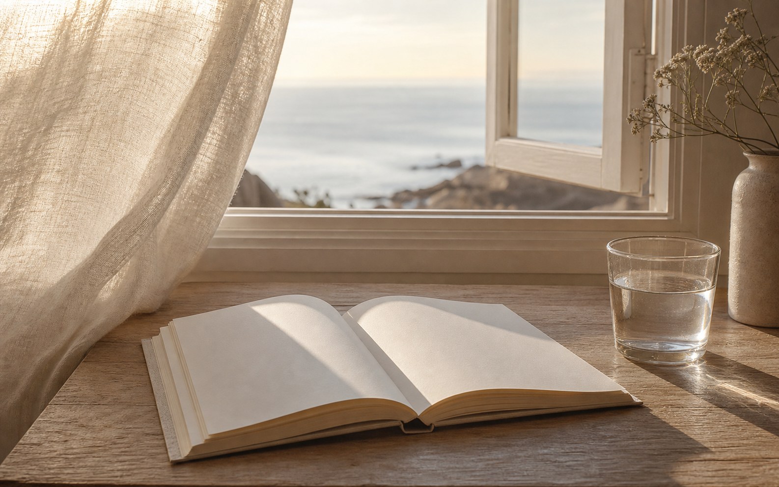 Blank journal, water, and morning window light for a grounding practice.
