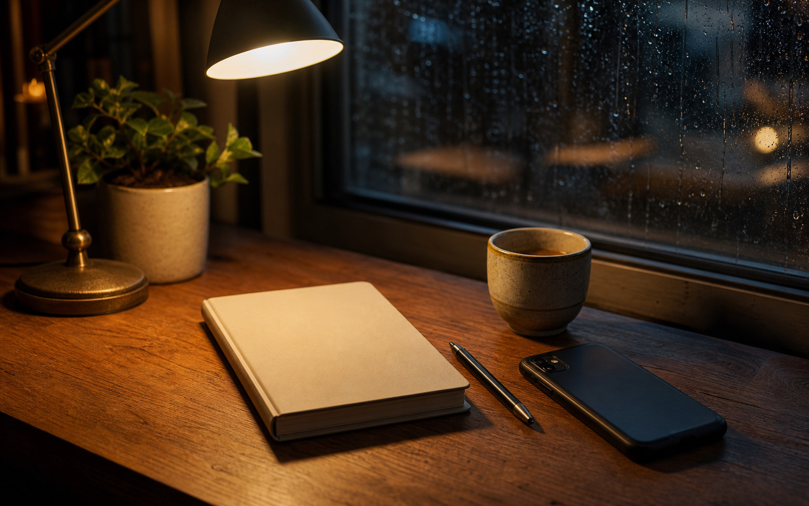Warm desk with journal, tea, and phone face down as a pause-before-reply practice.