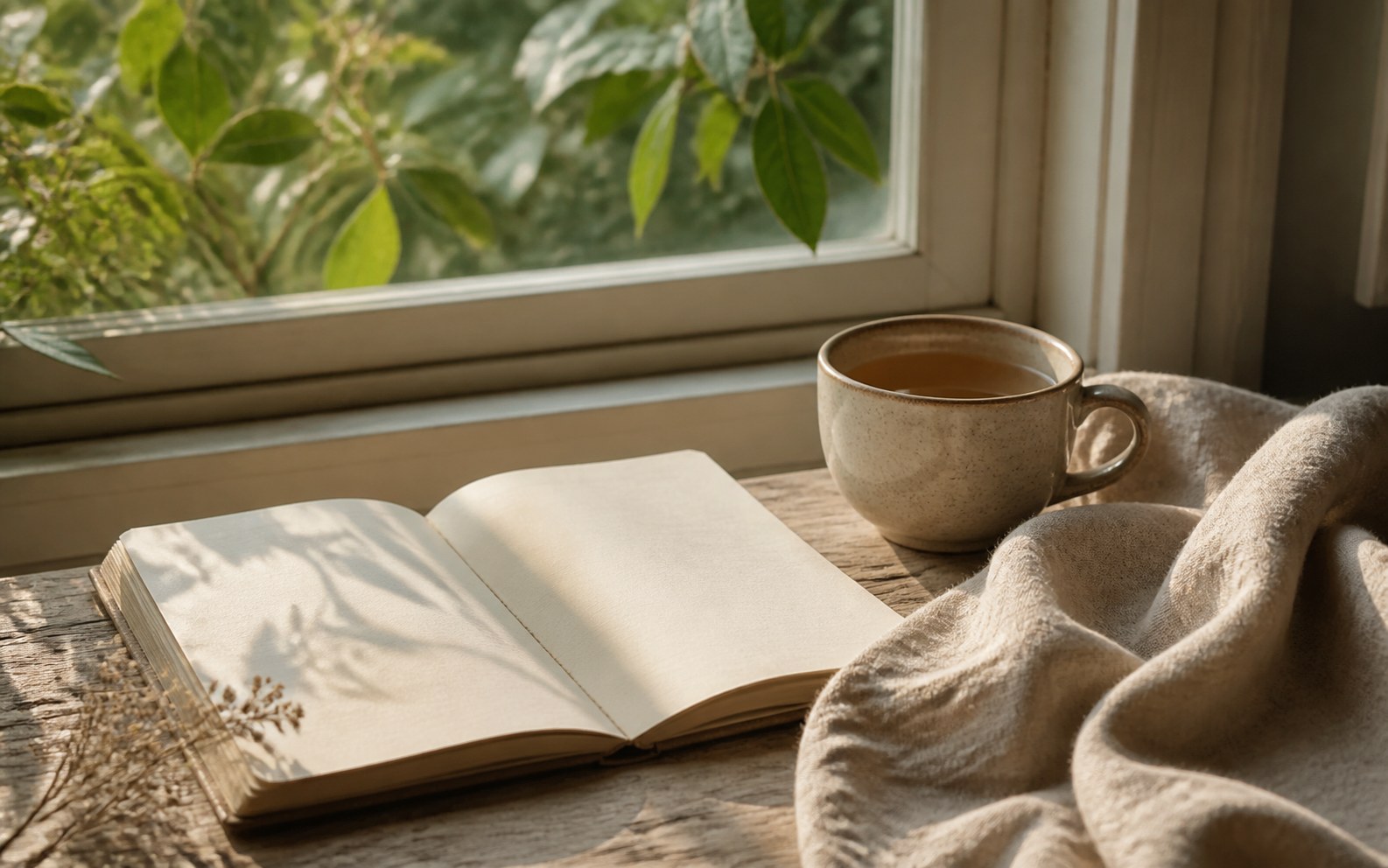 Blank journal and tea beside a soft green window for naming feelings gently.