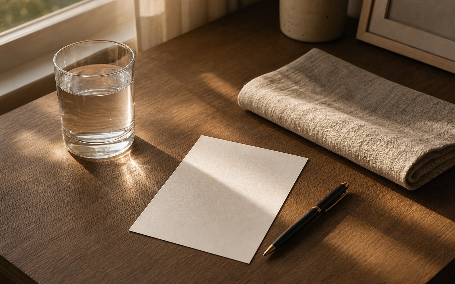 Simple desk with water, blank note card, and warm morning light for a small reset.