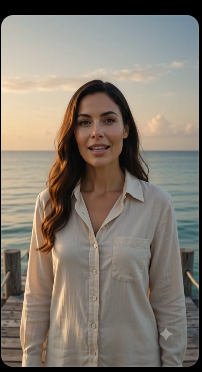 Clarice Serena standing calmly near a rustic post on the weathered pier.